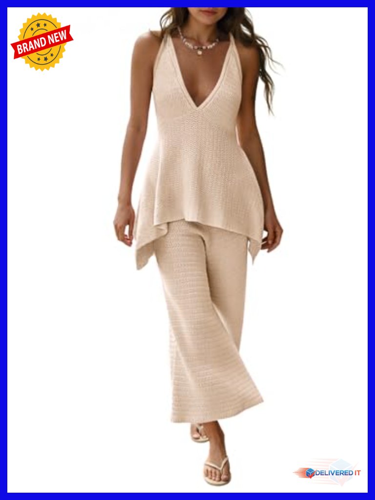 Womens Knit Matching 2 Piece Outfit Deep V Neck Wide Leg Pull On Set